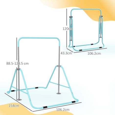 Barre de gymnastique en acier (verte) avec 5 niveaux de réglage en hauteur, adaptée aux enfants à partir de 3 ans. (1/4)