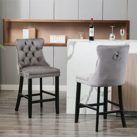 Contemporary Velvet Upholstered Barstools with Button Tufted Decoration and Wooden Legs, and Chrome Nailhead Trim, Leisure Style Bar Chairs,Bar stools, Set of 2 (Gray),DE2002GY