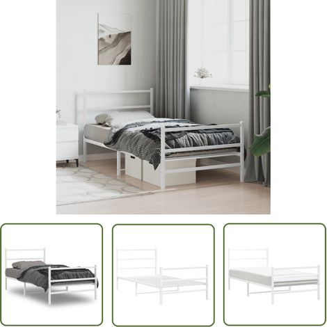 The Living Store Cadre de lit métal sans matelas et pied de lit blanc 100x190 cm - Cadre De Lit - Lit Simple - Lit Metal - Lit Blanc - Meuble Chambre (1/5)