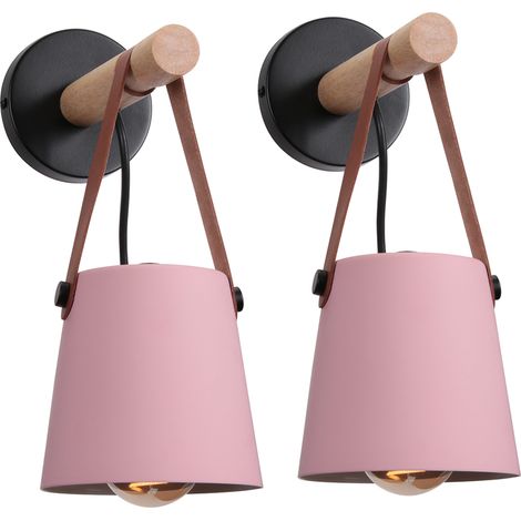 Set di 2 Lampada da Parete LED Industriale in Metallo Legno Applique da Parete Interiore con Abat-jour Sospensione E27 per Camera, Salotti, Cafe- Rosa (1/4)