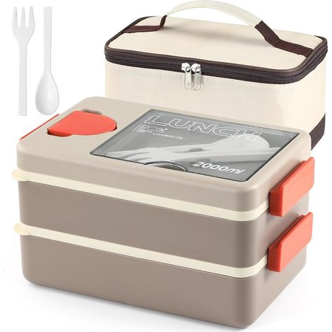 Stück Bento-Lunchbox, doppellagige Lunchbox mit 4 Fächern, Lunchbox mit Besteck, Soßenbehälter und Kühltasche, für Picknicks, Arbeit, Schule, 2000 ml großes Fassungsvermögen (1/5)
