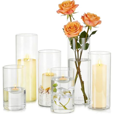Photophore Bougeoirs Verre Vase Cylindrique: Set de 6 Porte Bougie pour Centre de Table Noel Mariage, Supports pour Bougies Piliers Transparent Vase en Verre Bougie Flottante (1/5)