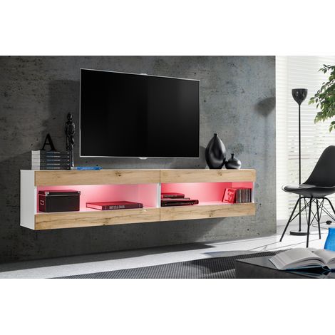 Komodee, Ensemble de Meubles Tivoli SET4,Blanc/Wotan, Largeur 200cm x Hauteur 41 cm x Profondeur 35 cm, LED Multicolore, pour Salon, Chambre à coucher
