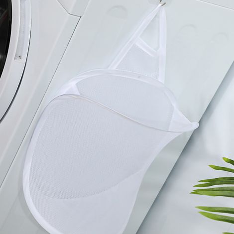 Sac à linge pliable, grand panier à linge mural en maille blanche avec crochet pour salle de bain (1/4)