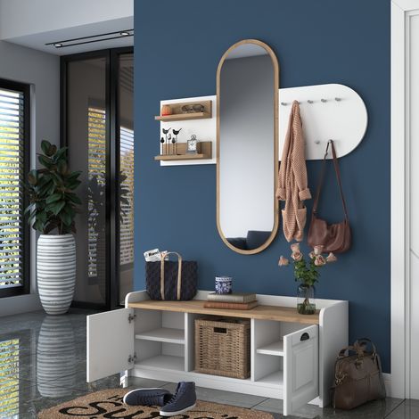 Mueble de Entrada Crespino, Espejo Incluido, 5 Estantes, Perchero, 120x40x45h cm Blanco (1/5)