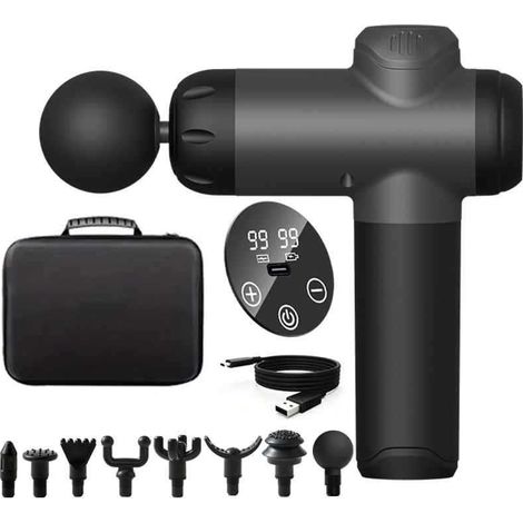 Pistolet de massage électrique noir avec 8 têtes de massage pour soulager les douleurs musculaires et favoriser la relaxation,
