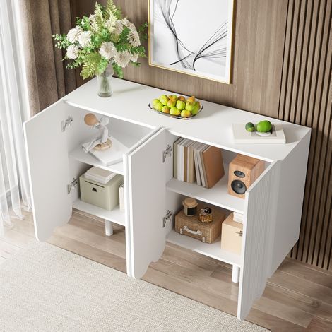 MEUBLIV Buffet 120 cm blanc – 4 portes sculptées, rangement intérieur (1/5)