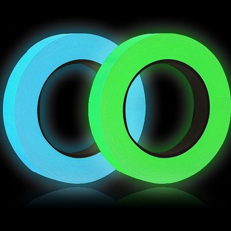 Nastro fosforescente, 2 rotoli, 1 cm x 5 m, nastro autoadesivo fosforescente, impermeabile, nastro luminoso, nastro di segnalazione (verde + blu). (1/5)