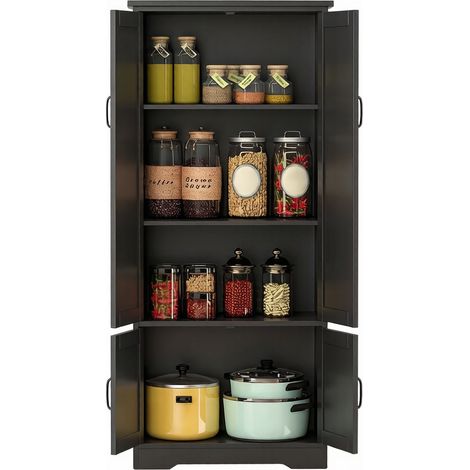 Buffet de cuisine noir contemporain avec 2 portes, poignées métal, rangements modulables et sécurité anti-basculement, meuble en MDF - CHICFURN (1/5)