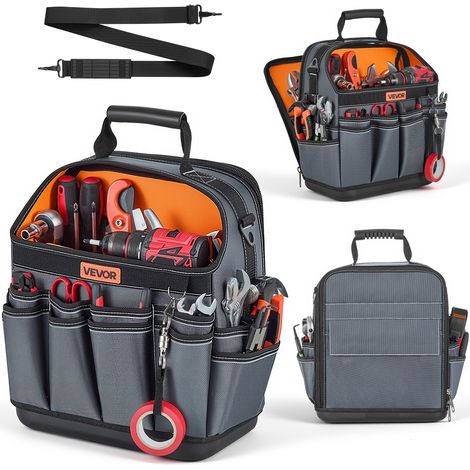 Sac à Outils Ouvert 335 mm, Sac de Rangement d'Outils à 39 Poches, pour Électricien, Bricolage, Maintenance et Chantier, Organiseur Portable avec Base Rigide en Plastique, Bandoulière Réglable