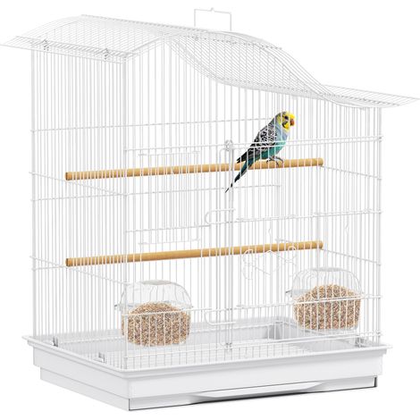 Cage à oiseaux à 4 portes avec 2 gamelles, 2 perchoirs et un plateau, en métal et plastique, 47,5 x 36 x 54,5 cm, blanche