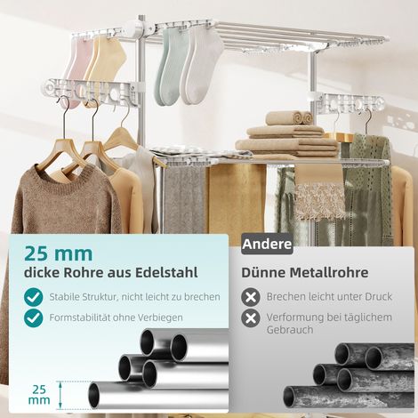 Séchoir à linge mobile sur roulettes, 4 niveaux, pliable, acier inoxydable antirouille, blanc+argent, 142 x 55 x 172 cm (1/5)