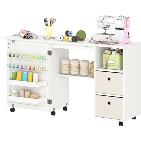 Table de couture pliable 6 roues 18 chevilles 2 tiroirs 3 compartiments blanc