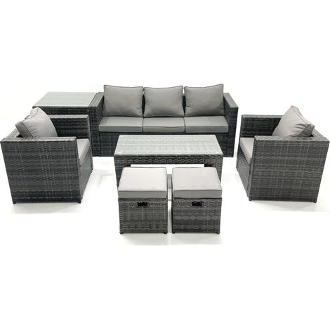 Fimous Rattan Garden Furniture Set Outdoor Lounger Sofa with Coffee Table 2 Armchair 2 Small Footstools Side Table Dark Grey Mixed (1/5)
