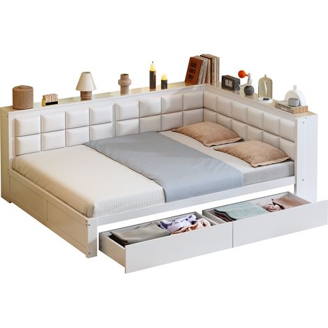 Lit banquette en bois 140 x 200, lit multifonction avec dossier moelleux, grand tiroir de rangement, lit simple, lit jeunesse, lit en pin, blanc (1/5)