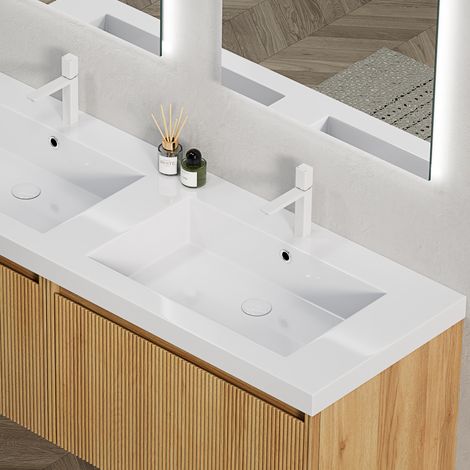 140cm GREA Doppelwaschbecken, Ohne Unterschrank, Ohne Wasserhahn und Abflussarmaturen, Weiß (1/4)