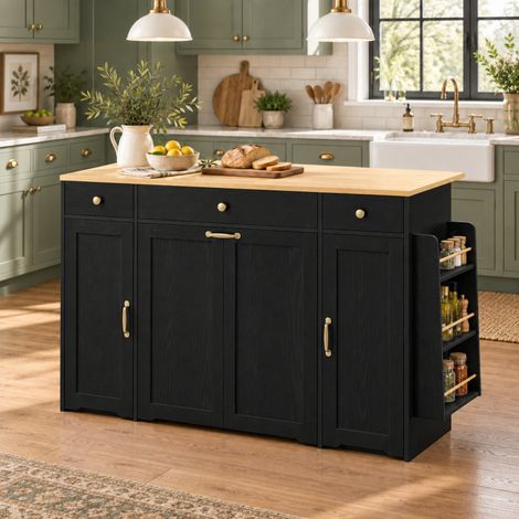 Îlot central de cuisine 136x65x90 cm, table de cuisine, 2 portes, 3 tiroirs, forme ronde, design moderne, MDF blanc et naturel (1/5)
