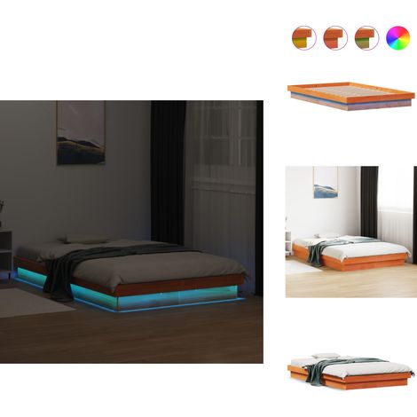 Cadre de lit à LED sans matelas 135x190 cm bois massif - Lit Plateforme - Lit Design - Cadre Lit Bois - Luminaire Led - Éclairage RGB (1/5)