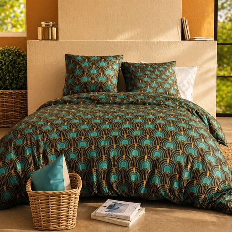 Parure housse de couette 260x240cm + 2 taies motif art-déco bleu pétrole 100% coton - ROMAIN (1/4)
