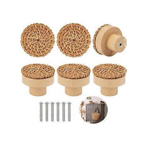 Pices Boutons de Meuble en Rotin Bois, Poigne Meuble Bois, Bouton de Tiroir, Boutons de Portes pour Placards, Boutons de Meuble Rond en Bois, Bouton (1/5)