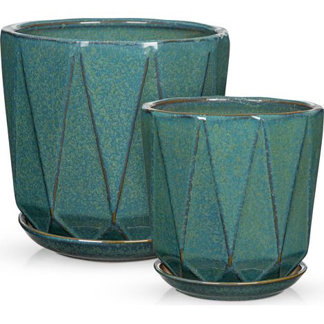 Pots de fleurs en céramique avec trous de drainage et soucoupes pour plantes d'intérieur et d'extérieur, 20 + 15 cm, vert (1/5)