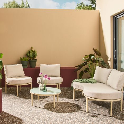 Salon de jardin aluminium et tissu beige 4 places. forme organique. table ronde - Solena
