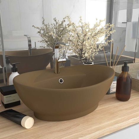 Lavabo ovale de luxe à trop-plein - Vasque à poser Lavabo à poser Crème mat 58,5x39cm Céramique BV841132 - BonneVie (1/5)