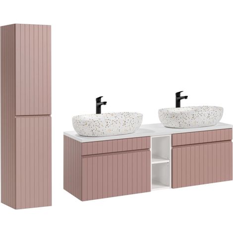 Ensemble meubles double vasques à poser avec colonne + 2 éléments - 140 cm - Emblematic Rose - Livraison gratuite