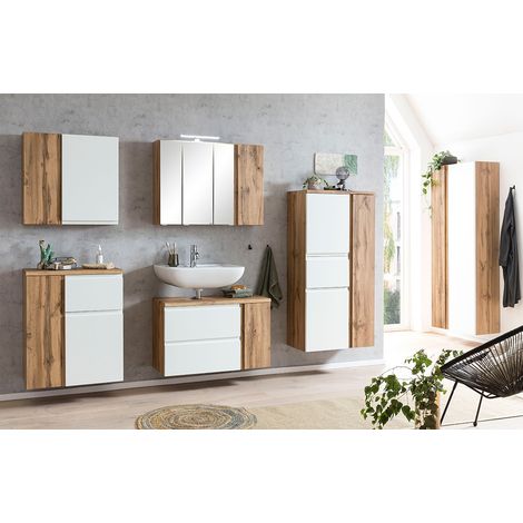 Badezimmer Komplett Set in Wotan Eiche Nb. mit weiß, LED Beleuchtung, stehend oder hängend, VASTO-03-WHITE (1/5)