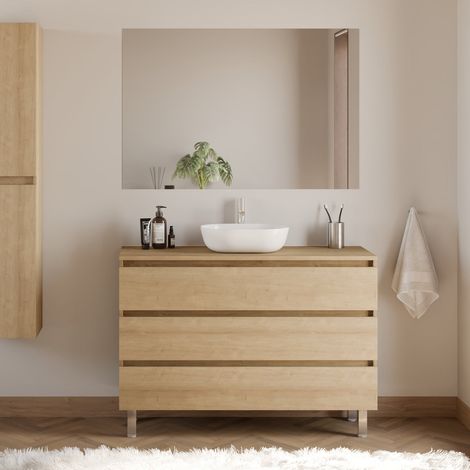 Meuble de salle de bain 120cm avec plateau et vasque à poser arrondie - 3 tiroirs - nebraska (chêne clair) - MAYOR (1/5)