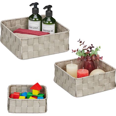 Relaxdays Cesta de Almacenaje en 3 Tamaños, Cajas Organizadoras, Tejidas, Plástico, Estructura Metálica, para Baño, Gris