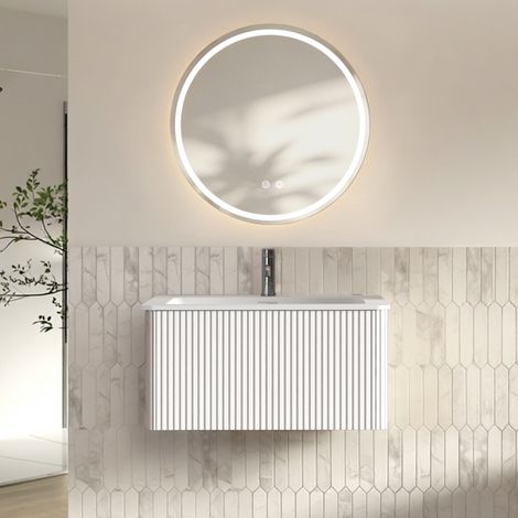 Mueble de baño con lavabo, 80 cm, espejo LED redondo, blanco DESVIAE (1/5)