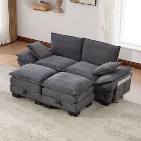 Modulares 2-Sitzer Cordsofa (mit 2Hocker) – breite Sitzfläche, ergonomisches Design, hochdichte Schaumstoffpolsterung, USB-C-Anschluss und Seitentaschen.Ideal für Wohnzimmer, Büro oder Lounge.Garkdray