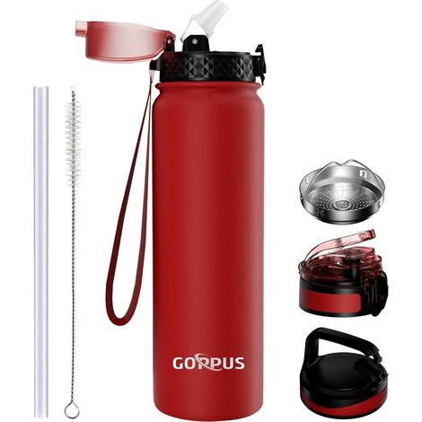 Thermosflasche Edelstahl Strohhalm Auslaufsicher BPAfrei 1000 ml Rot (1/5)