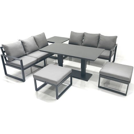 Fimous 8 Seater Aluminium Outdoor Garden Furniture Set with Adjustable Rising Lifting Dining Table 3 Seater Sofa 2 Big Footstool Side Table Dark Grey (1/5)