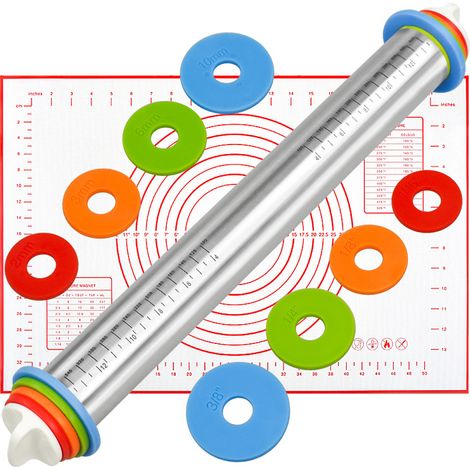 Rouleau à pâtisserie en acier inoxydable avec bague de réglage d'épaisseur — Ensemble rouleau à pâtisserie + tapis (deux pièces) (1/5)