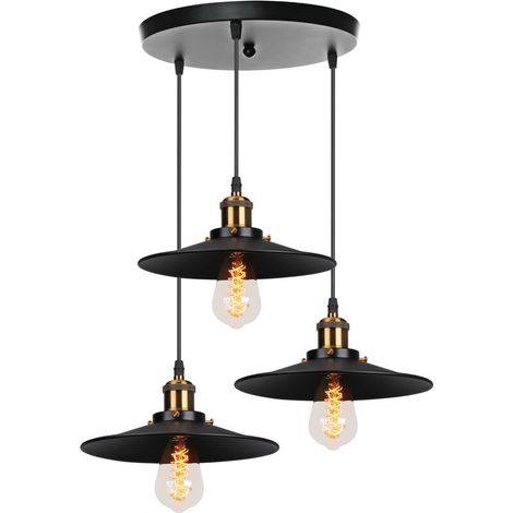 – Lustre suspension 3 têtes en fer noir – Abat-jour métal vintage – Dimensions 22x13cm – Douille E27 pour ampoules LED et halogènes (1/5)
