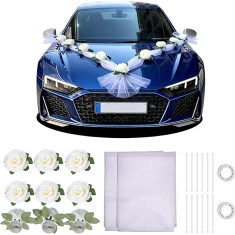 Ensemble de décoration pour Voiture de Mariage, Comprenant 9 Roses à Ventouse, 2 Rubans en Tulle de 160 cm, 12 Rubans et 2 Rouleaux de Ruban adhésif, adapté à la Plupart des modèles de véhicules. (1/4)