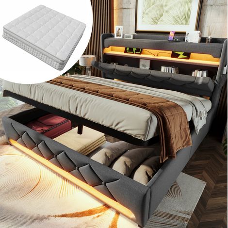 Lit rembourré moderne 180x200 cm gris en lin avec tête de lit rangement USB/USB-C, LED 360° et coffre, avec matelas (1/5)