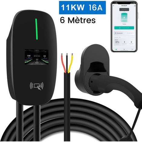 Station de recharge murale Type 2 16A 11kW triphasé 6m rapide – Application de contrôle à distance – Compatible tous véhicules électriques