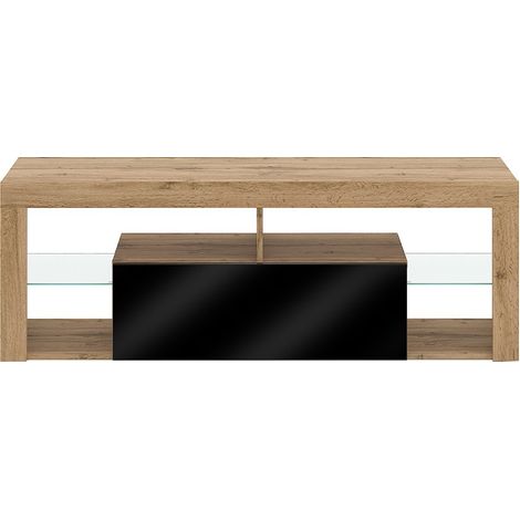 Calicosy – Meuble TV EVEREST chêne et noir 140x35x50 cm – 1 porte push – 6 niches ouvertes – MDF renforcé pour résistance aux chocs (1/5)