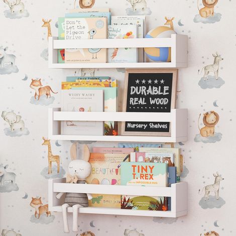 Lot De 3 Tablettes Murales en Bois Naturel, Étagère de Rangement Montessori pour Livres et Déco Murale Chambre Enfant, 42 cm, Couleur Blanche (1/5)