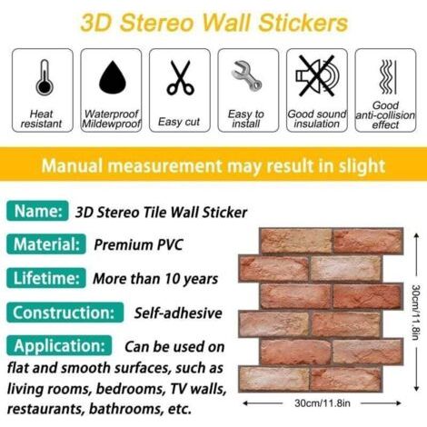 10 pièce Papier Peint 3D Brique Pierre Adhesif Mural Autocollant, Stickers Panneaux Muraux 3D Mural, Dalle Plaque PVC Adhesive Murale, Décorations Murales, Papier Peint Autocollants Décoratifs (PVC) (1/3)