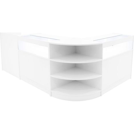 Set Mostradores Comerciales "SAGITTARIUS"   Blanco LM60 + 2xB900 + TB60 MDF y vidrio templado  Estantes y puertas corredizas con cerradura  Fácil Montaje  Mostrador Recepción Expositor Comercial Mesa