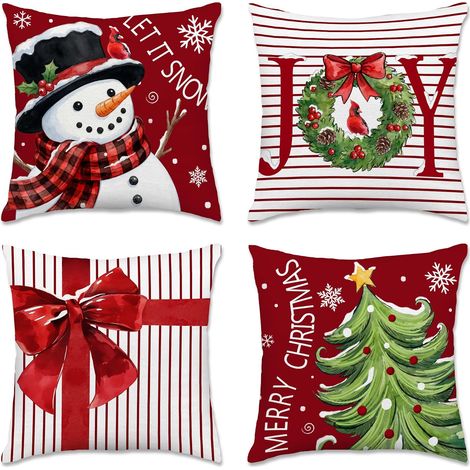 Funda de almohada roja con diseño de árbol de Navidad, 45 x 45 cm, juego de 4 fundas de cojín para sofá, temática navideña. (1/5)