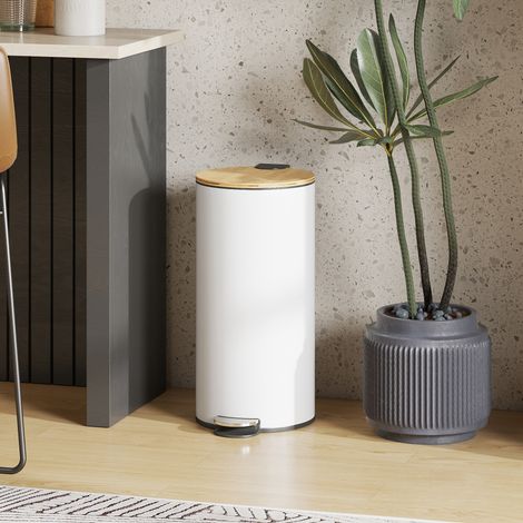 Poubelle de cuisine blanc de 30L avec couvercle en bambou doux à pédales et amovible pour chambre, bureau, salon