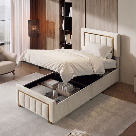 Cama con canapé abatible 90x200 cm, cama individual tapizada con somier de láminas y almacenaje hidráulico, en terciopelo con líneas verticales y ribete dorado, beige (1/5)