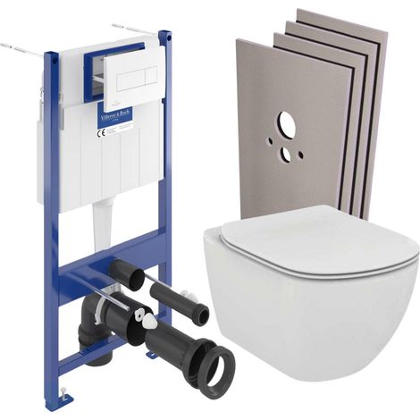 Pack WC Bâti-support Villeroy & Boch + Cuvette Ideal Standard sans bride + Plaque blanche + Set habillage