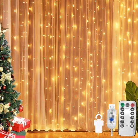 Guirlande Lumineuse 300LED, 3x3m Rideau Lumineux USB Intérieur avec 8 Modes Dimmable Télécommande et Minuterie, Blanc Chaud Étanche pour Noël, Mariage, Fenêtre, Anniversaire (1/5)