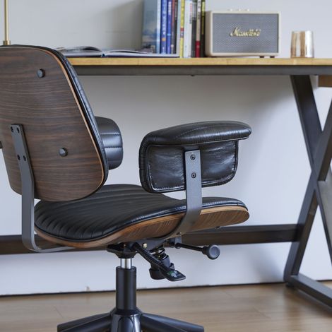 Fauteuil de bureau en cuir ergonomique, chaise pivotante sur roulettes avec accoudoirs en chêne, siège réglable en hauteur pour cadre, usage professionnel. (1/5)